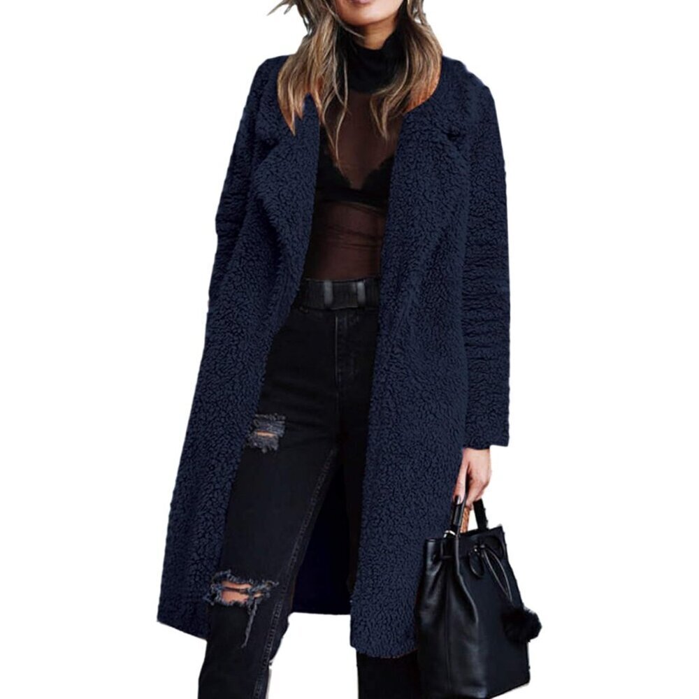 Women's Navy Fuzzy Fleece Lapel Open Front Long Cardigan Coat Fur Warm Winter